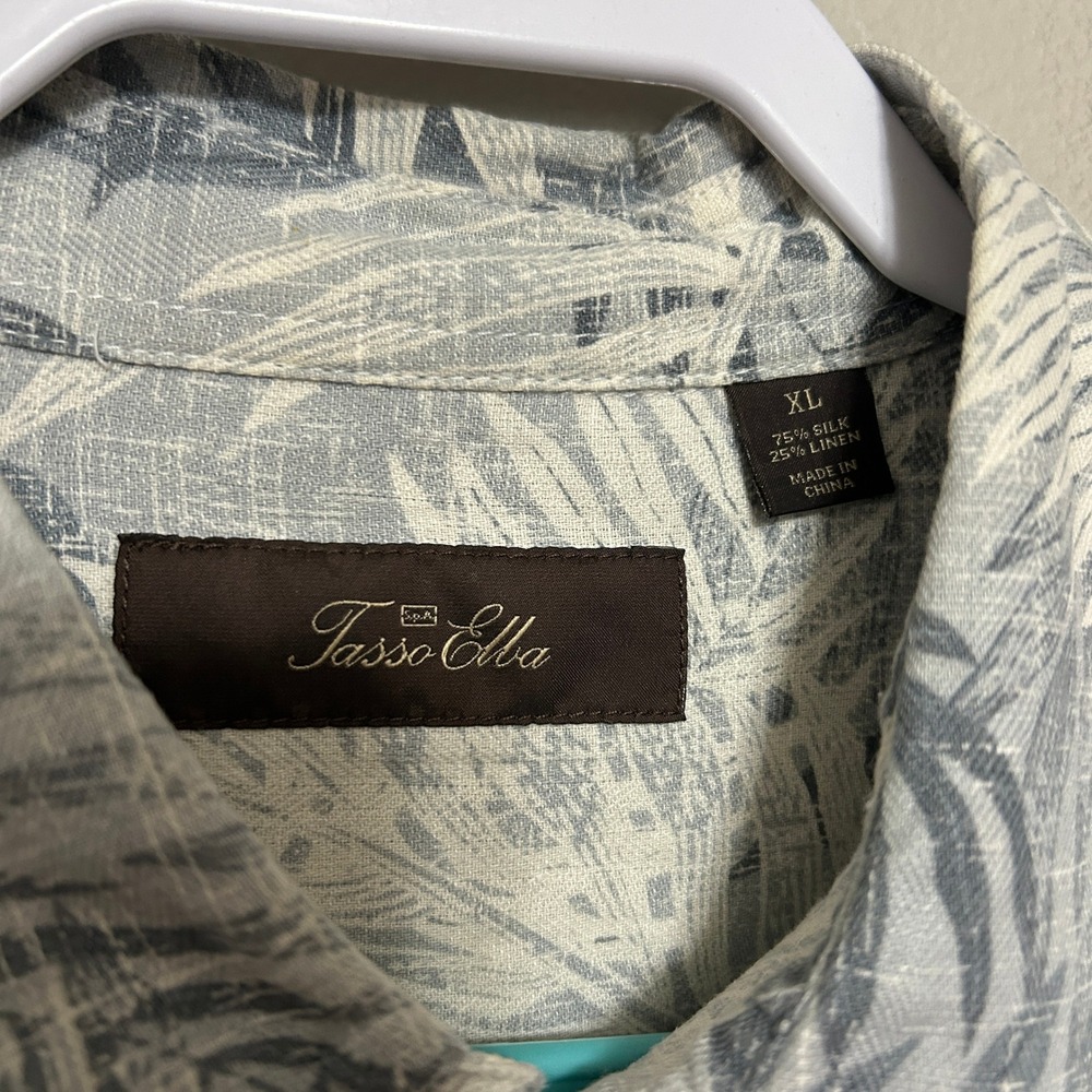 Tasso Elba Silk Linen Shirt Mens XL Grey Tropical Palm Leaf Short Sleeve Luxury - Picture 3 of 8